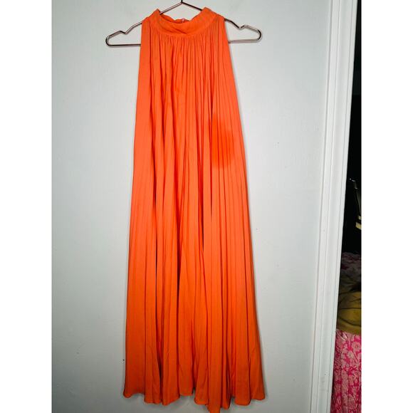 TOME COLLECTIVE Burnt Orange Accordion Pleated Mock Neck Midi Dress Size Small - Picture 2 of 9